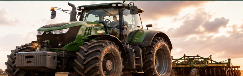 Trator agrícola no campo ao pôr do sol
